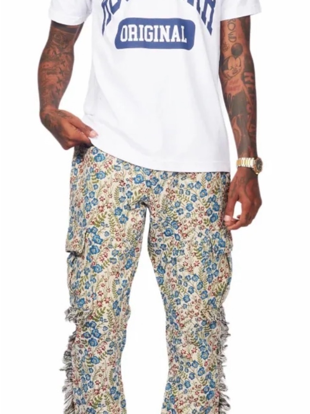 Men's Bootcut Floral Cargo Jeans in Cream and Blue